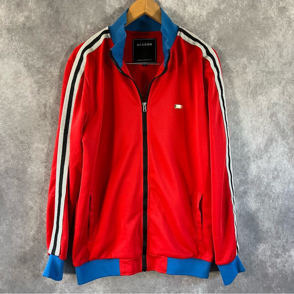 Reason Brand Jacket Mens Large Red White Blue Black Zip Up Stripe Urban Hip Hop